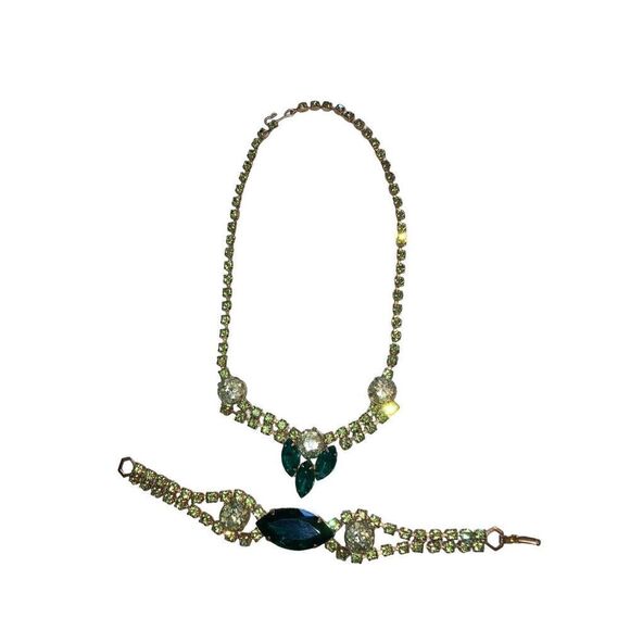 Hunter Green Gem Rhinestone Bracelet Necklace Set Vintage 70s 80s 90s Jewelry Pe - Picture 1 of 9